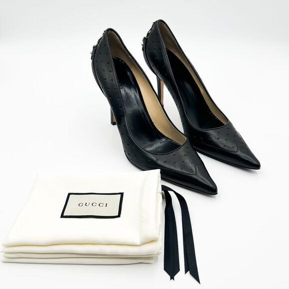 Gucci Interlocking GG Pointed Toe Black Leather Heels Pumps Size 8.5 - Picture 2 of 16